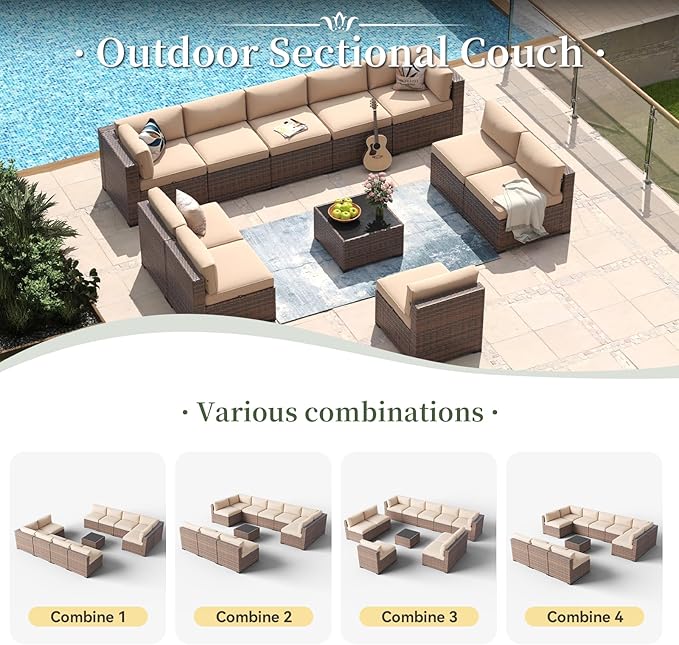 Aoxun 11 Piece Patio Furniture Set Wicker Rattan Patio Conversation Set Outdoor Sectional Sofa Set with Coffee Table and Thickened Cushions, Beige(Waterproof Cover Included)