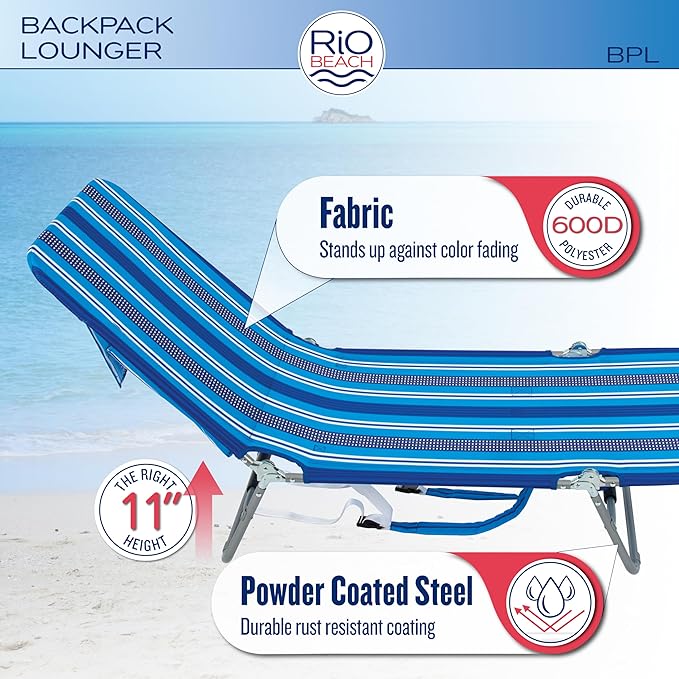 Rio Beach Portable Lay Flat Folding Backpack Beach Lounge Chair with Backpack Straps and Storage Pouch, Blue Stripe