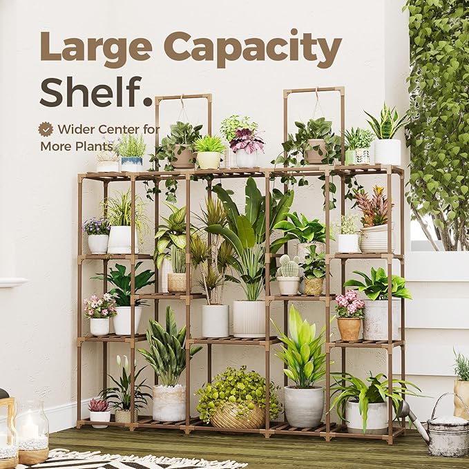 Bamworld Large Plant Shelf Plant Stand Indoor 62.2" Tall Outdoor Plant Holder Wood for Multiple Plants Hanging Plant Rack for Living Room Garden Balcony