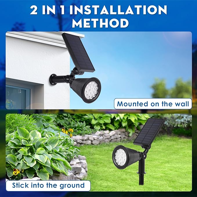 Solar Spot Lights Outdoor, 2-in-1 Wall Mount & Ground Stake 18 LEDs with 2 Lighting Modes, 7 Colors Changing, IP65 Waterproof Solar Landscape Lights for Garden, Pathway, Yard, Patio (2 Pack)