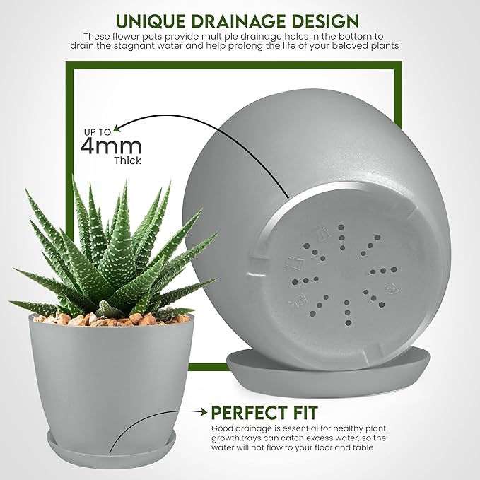 Utopia Home - Plant Pots Indoor with Drainage - 7/6.6/6/5.3/4.8 Inches Flower Pots for Indoor Planter - 5 Pack Plastic Planters - Ideal for Stocking Stuffers or Home Christmas Decorations - Gray