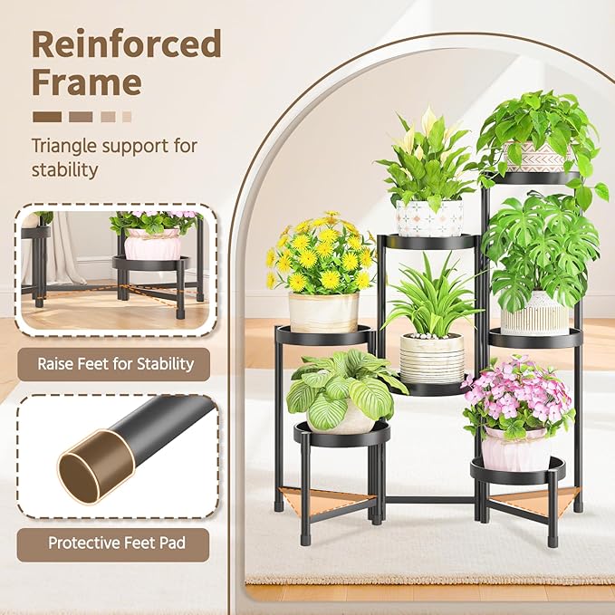 LASZOLA 7 Tiered Folding Tall Plant Stand Indoor for Multiple Large Planter, Heavy Duty Metal Adjustable Flower Rack for Narrow Corner, Sturdy Vertical Spiral Shelving Holder for Modern House, Black