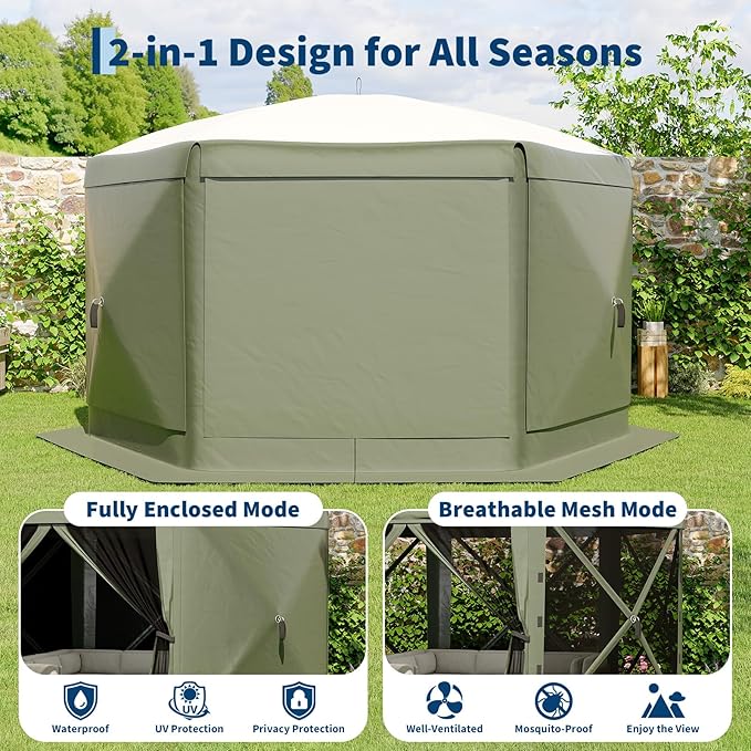 13x13FT 6-Sided Pop Up Gazebo Tent，One-Push Setup Canopy Tent with Removable Canopy Top & Wind Cloths, Outdoor shelter for Camping, Backyard Parties, Outdoor Events - Army Green