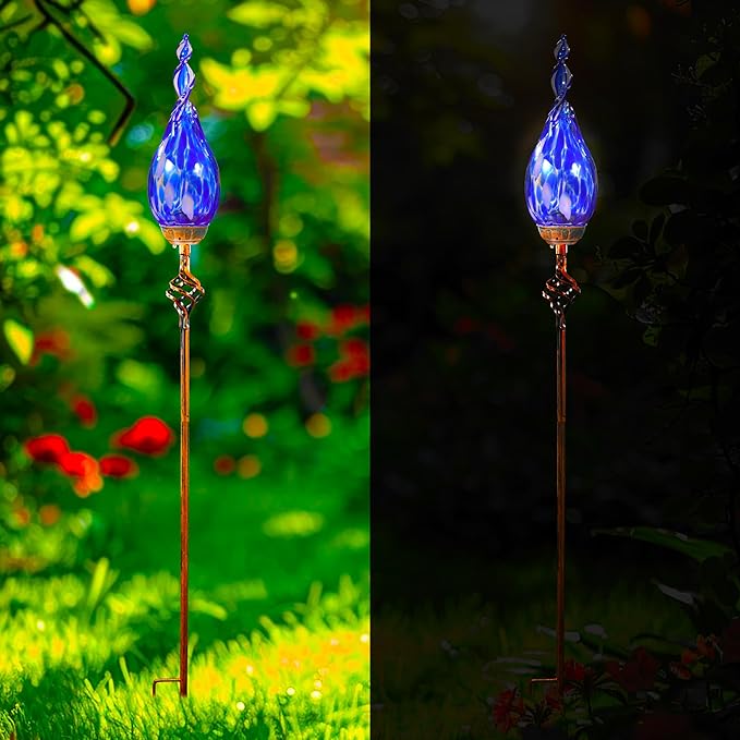 Solar Garden Lights Outdoor, Decorative LED Flame Garden Stakes, Hand Blown Glass and Outdoor Waterproof Glass Stakes (Dark Blue)