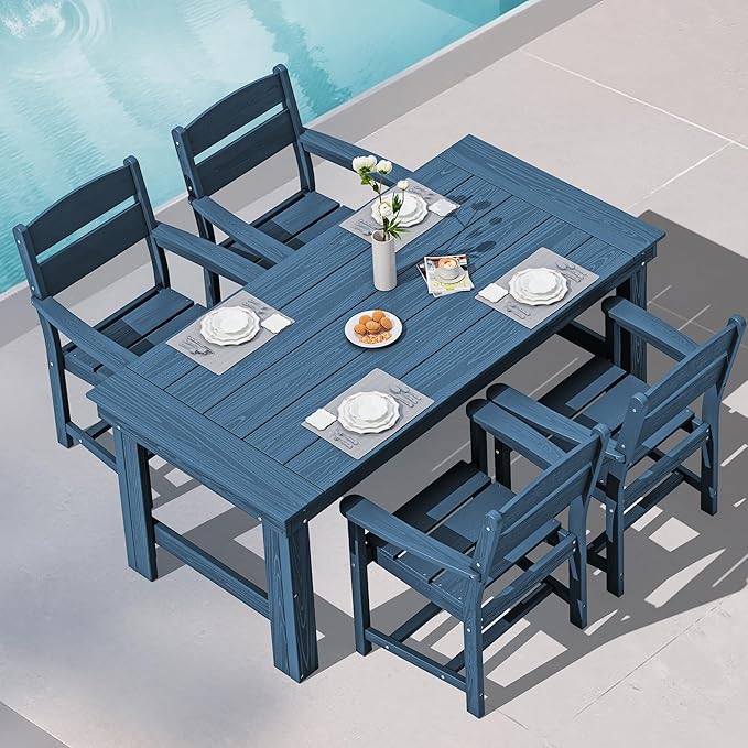 SERWALL Outdoor Dining Table Set, 67‘’ HDPE Patio Dining Set for 4, All-Weather Outdoor Table and Chairs Set for Deck, Blue