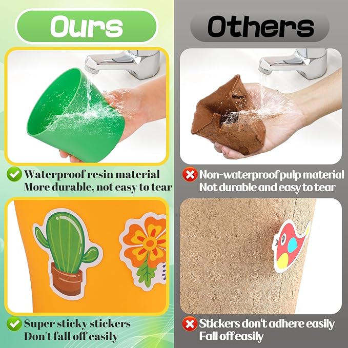 Durable Resin Garden Pot Craft Kit for Kids- 24 Pack Colorful Flower Plant Spring Crafts with Super-adhesive Stickers & Blank Labels School Activities Growing Kit for Classroom Home DIY Gift 4+ years