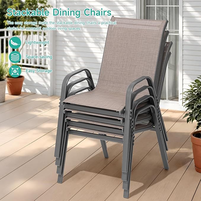 Patio Chairs Set of 4, Easily Set Up Stackable Outdoor Dining Chairs with High Back and Wide Seat, All Weather Breathable Outdoor Chairs Set of 4 with Metal Frame for Backyard Deck Pool, Brown