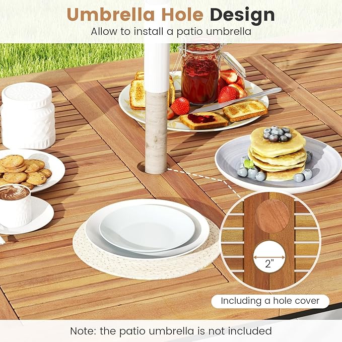 Tangkula 63" Large Patio Dining Table for 6, Acacia Wood 6-Person Dining Table with 2" Umbrella Hole & Metal Legs & Adjustable Foot Pads, Rectangular Outside Table for Garden, Poolside & Backyard