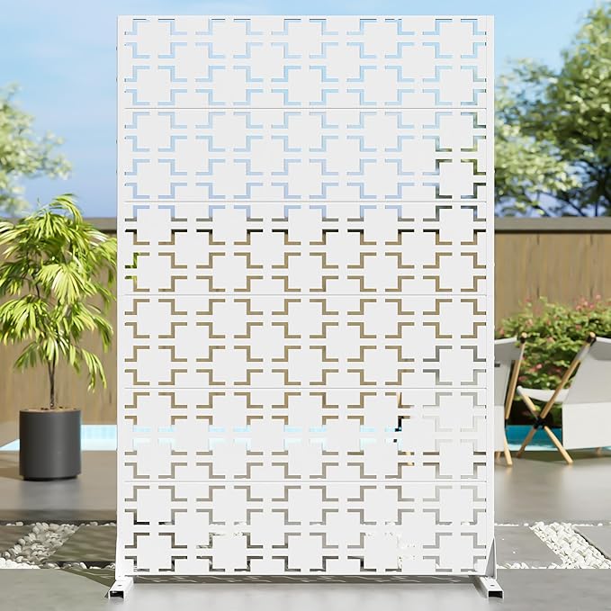 Casaphoria Metal Privacy Screen Outdoor, 72" H x 47" W Freestanding Decorative Privacy Screen for Patio Deck Balcony Garden with Stable Base, White Square