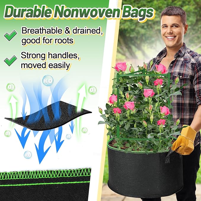 ANPHSIN 3 Sets Tomato Cages with 7 gal Grow Bags - 47'' Stable Plant Garden Planters, Flexible Vegetable Trellis for Balcony Deck Yard Tomatoes Peppers Eggplants Flowers