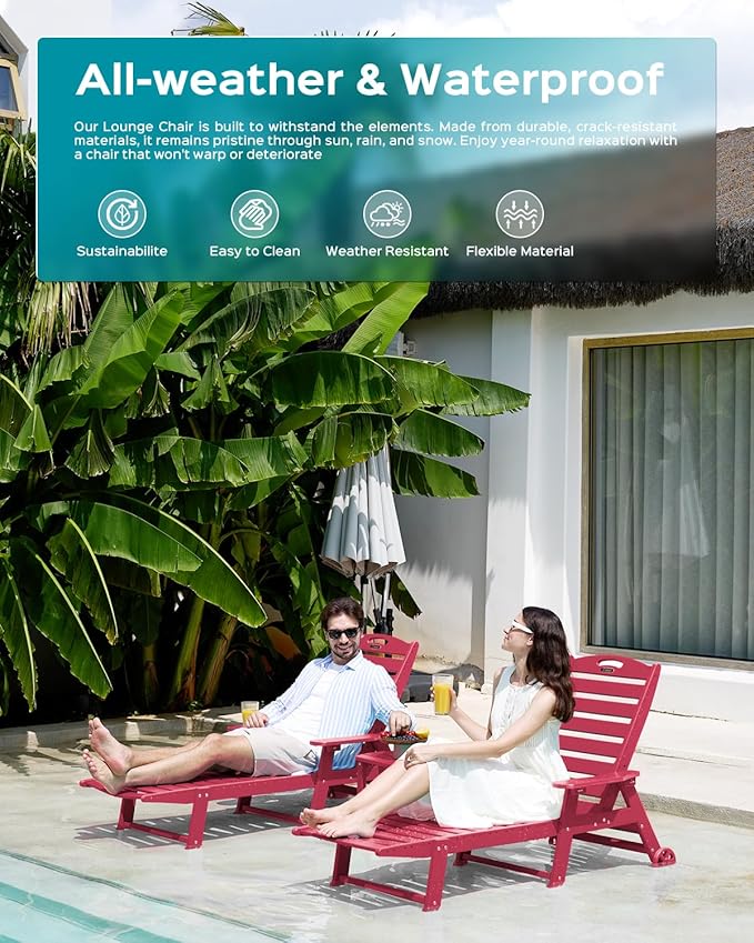 Outdoor Chaise Lounge Chair Set of 2, Patio Lounge Chairs for Outside, HDPE Lounge Chair with Wheels & Cup Holder, Poly Chair with 5 Position for Poolside, Deck, Red