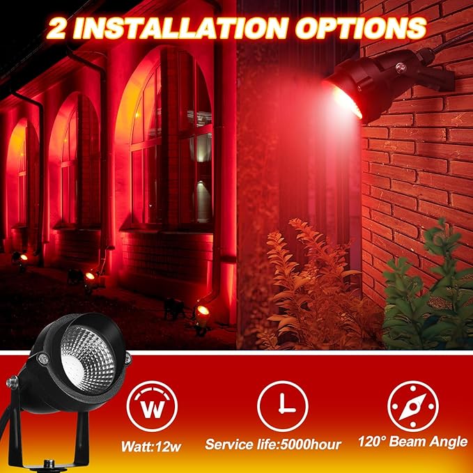 4 Pcs Christmas Red Spotlight Outdoor Plug in Landscape Lighting 12w Ip66 Waterproof LED Lights with Spiked Stand 270° Adjustable Outdoor Spot Lights for Yard Lawn Garden Tree Flags Holiday