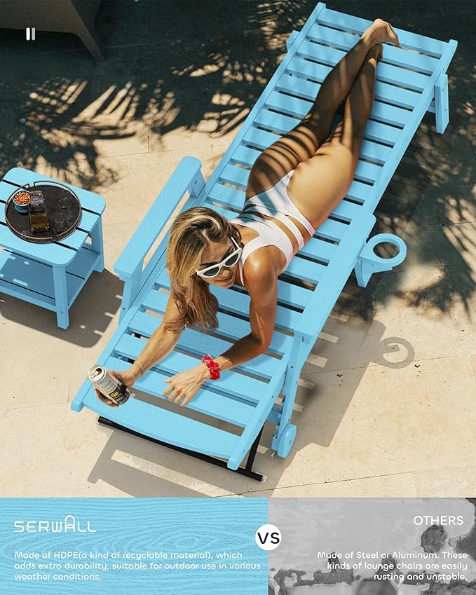 SERWALL Patio Chaise Lounge Chair, 78'' Long HDPE 5 Positions Adjustable Outdoor Lounger, Poly Lounge Chair with Rolling Wheels & Cup Holder for Pool, Light Blue