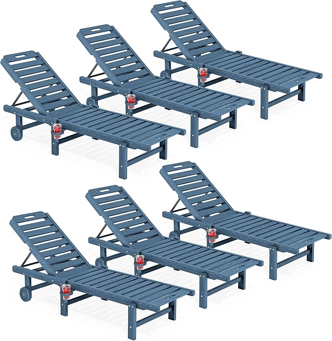 SERWALL Outdoor Chaise Lounge Set of 6, HDPE Pool Lounge Chair with 5-Position Adjustable Backrest, Patio Lounger with Rolling Wheels & Cup Holder for Pool, Navy