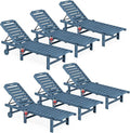SERWALL Outdoor Chaise Lounge Set of 6, HDPE Pool Lounge Chair with 5-Position Adjustable Backrest, Patio Lounger with Rolling Wheels & Cup Holder for Pool, Navy