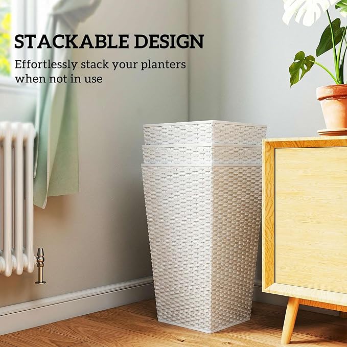 Outsunny Tall Planters for Outdoor Plants Set of 3, 24 in Taper Planters with Drainage Holes, Rattan Decor Plant Pots for Indoor Outdoor Front Porch Patio Backyard, White