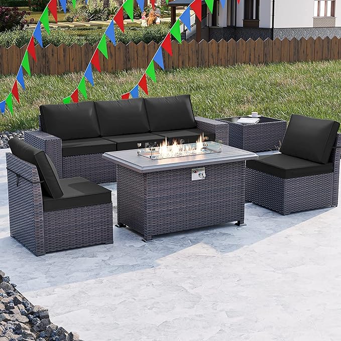 Kullavik 7 Pieces Outdoor Patio Furniture Set with 43" 55000BTU Gas Propane Fire Pit Table PE Wicker Rattan Sectional Sofa Patio Conversation Sets,Black