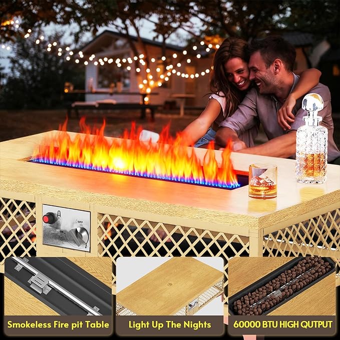 LYNSLIM Outdoor Patio Furniture Set, Wicker Outdoor Sectional Set with Large Fire Pit Table, Boho Patio Conversation Sectional Sofa with Large Tempered Glass Coffee Table and Waterproof Cushion