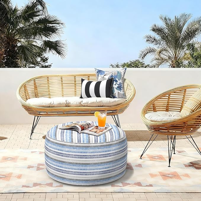 LVTXIII Outdoor Inflatable Ottoman, Fade-Resistant Round Footrest Stool D31”x H14”, Portable Patio Pouf for Garden Camping or Home Use, Stripe Layered Blue