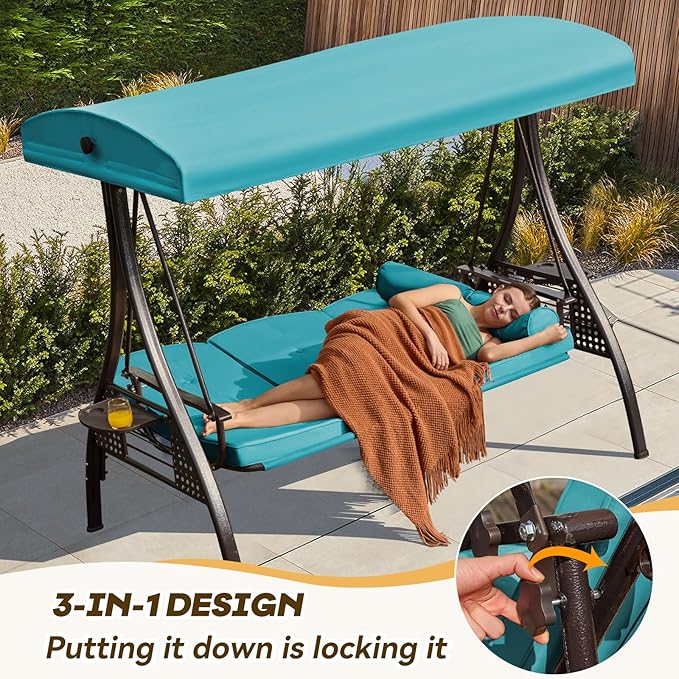3 in 1 Outdoor Porch Swing with Adjustable Canopy, 3 Seat Outdoor Swing for Adults, Patio Swing Chair with Thickened Cushions,Pillows & Cup Holders for Backyard, Porch, Garden (Lake Blue)