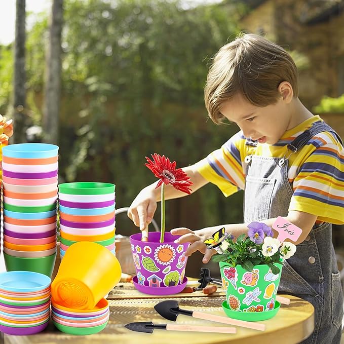 32 Set Garden Plastic Pot Craft Kit DIY Flower Plant Crafts Nursery Pots with Stickers Flower Planting Growing Kit for Spring Summer Home Classroom School Creative DIY Art Project Activities
