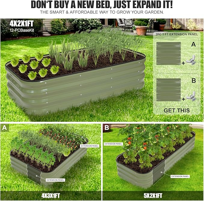 3-in-1 Modular Raised Garden Bed Kit - Adjustable Sizes (4x2x1ft, 3x3x1ft, 5x1x1ft) - Heavy-Duty Galvanized Steel Planter Box with Bracing Rods & Gloves for Vegetables, Fruits, Flowers