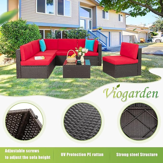 Vongrasig 7 Pieces Patio Furniture Sets, Outdoor All-Weather Wicker Patio Conversation Sets, L-Shaped Rattan Sectional Patio Sofa with Glass Table for Backyard, Red