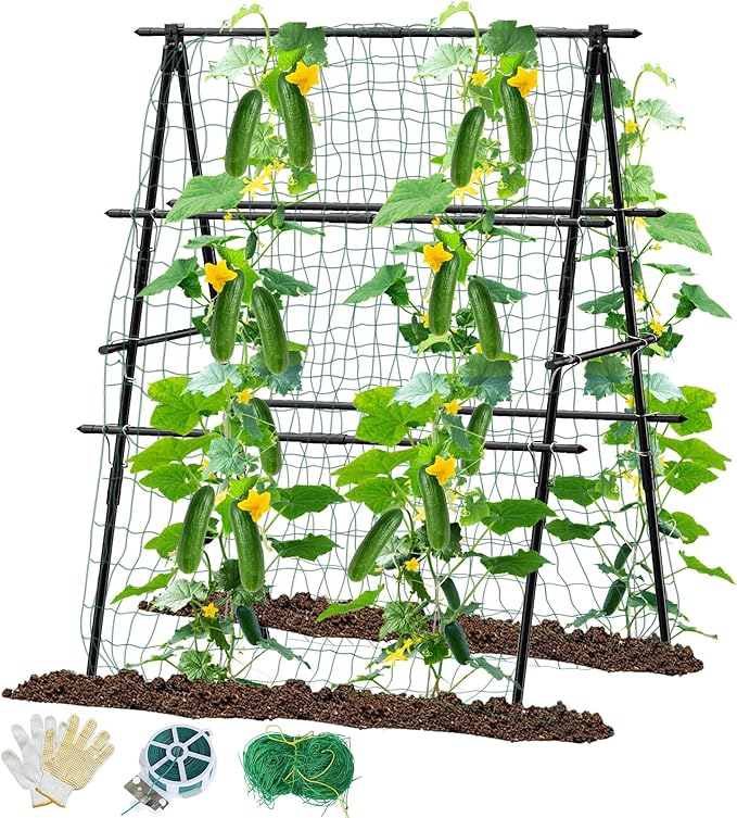 Cucumber Trellis, 31''X47'' A-Frame Cucumber Trellis for Raised Bed with Climbing Net, Metal Garden Trellis for Climbing Plants for Cucumber,Tomato, Grapes and Flowers