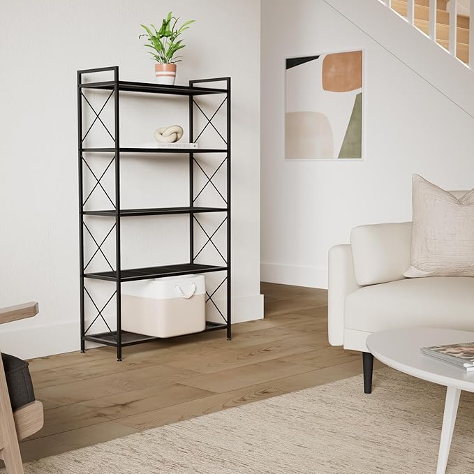 SONGMICS 5-Tier Metal Storage Rack, Shelving Unit with X Side Frames, Dense Mesh, 12.6 x 31.5 x 57.3 Inches, for Entryway, Kitchen, Living Room, Bathroom, Industrial Style, Ink Black UBSC185B01
