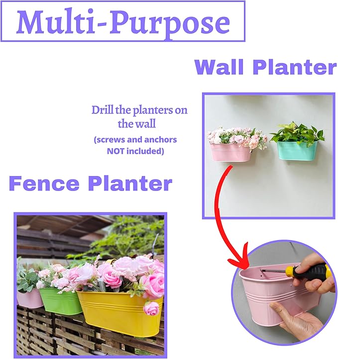 LaLaGreen Rail Planter Outdoor Plants (11.2 Inch, 6 Pack) Colorful Metal Iron Strawberry Hanging Flower Pots Deck Railing, Fence Wall Mount Bucket Modern Window Box Hooks Porch Garden Outside Decor