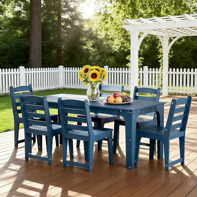 HDPE Patio Dining Set for 6, Weather-Resistant Outdoor Table with Umbrella Hole, Never Sagging One-Piece Tabletop with Metal Support Bars for Poolside Backyard Garden (Blue)
