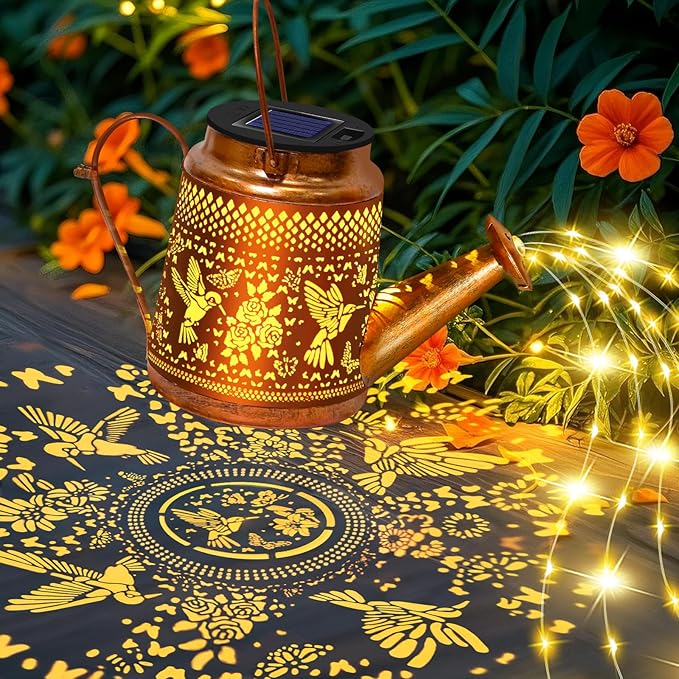 2 Packs Solar Watering Can Lights Hummingbird Garden Decor,Hanging Lanterns Outdoor,Birthday Gift for Mom Women Grandma,Waterproof Solar Fairy String Decorative Outside Lights for Yard Art Patio Porch