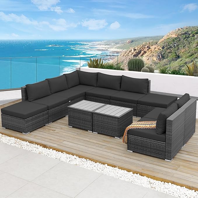 NICESOUL 11 Piece Extra Large Outdoor Furniture Sofa Set, Deep Wide PE Wicker Patio Modular Sectional with Side Tables, 29.3'' High Back Modern Luxury All-Weather Rattan Conversation for Outside, Gray