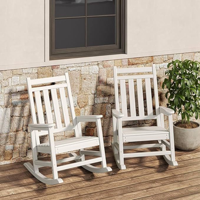 HDPE Rocking Chair Outdoor Set of 2 - Poly High Back Porch Rocker Chairs for Adults - All Weather Resistant Furniture for Patio Front Porch - White