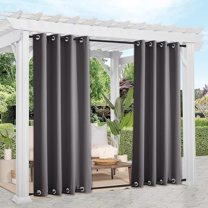 NICETOWN 2 Panels Grey Blackout Outdoor Curtains for Patio Waterproof 84" Long, Top and Bottom Rustproof Grommet Heavy Weight Windproof Drapes, Keep Privacy for Porch, W52 x L84
