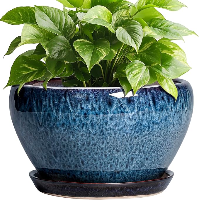 Ceramic Pots for Plants - 9 Inch Plant Pot Indoor with Drainage Hole and Saucer, Ceramic Planters for Outdoor Plants, Round Modern Flower Pot, Housewarming Gifts, Home Decor, Blue
