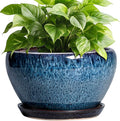 Ceramic Pots for Plants - 9 Inch Plant Pot Indoor with Drainage Hole and Saucer, Ceramic Planters for Outdoor Plants, Round Modern Flower Pot, Housewarming Gifts, Home Decor, Blue