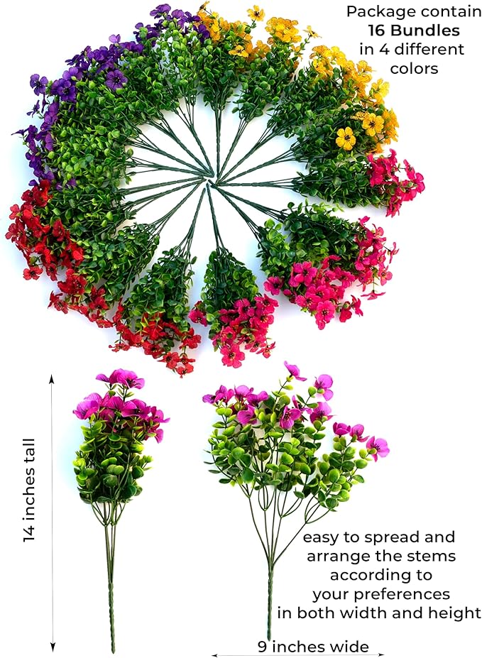 Artificial Flowers for Outdoors Fake Plants - 16 Bundles Faux Outside Greenery Boxwood UV Resistant Plastic Shrubs Decor (Mixed)