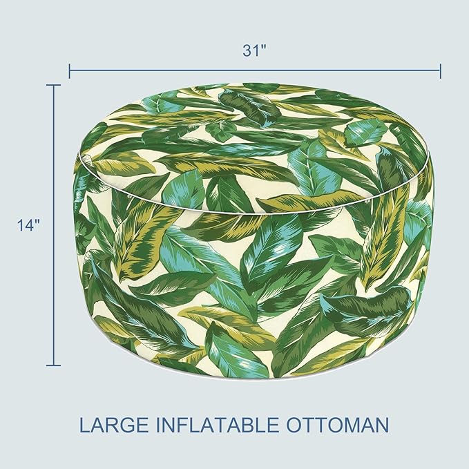 LVTXIII Indoor/Outdoor Extra Large Inflatable Ottoman Pouf D31 x H14 Inch, Round Footstool with Handle, Weather-Resistant Portable Furniture for Patio, Camping, Beach, Lush Leaf Jungle
