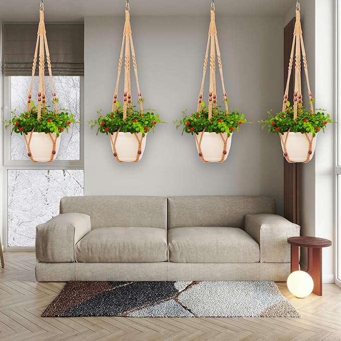 Macrame Plant Hanger Indoor Set,Hanging Planters for Indoor Plants Outdoor,Hanging Plant Holder Basket Pot with 8 Hooks,Boho Home Decor Crochet Beads Window Ceiling,No Tassels 4 Pack,Brown