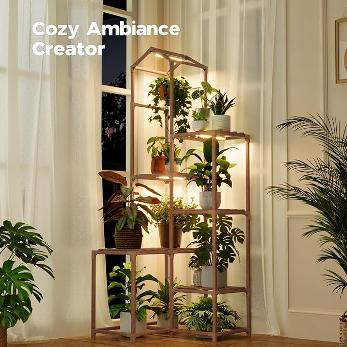 Bamworld Tall Corner Plant Stands with Grow Lights Indoor Outdoor Plant Shelves for Multiple Plants Display Haning Planter Living Room Pation Garden Decor
