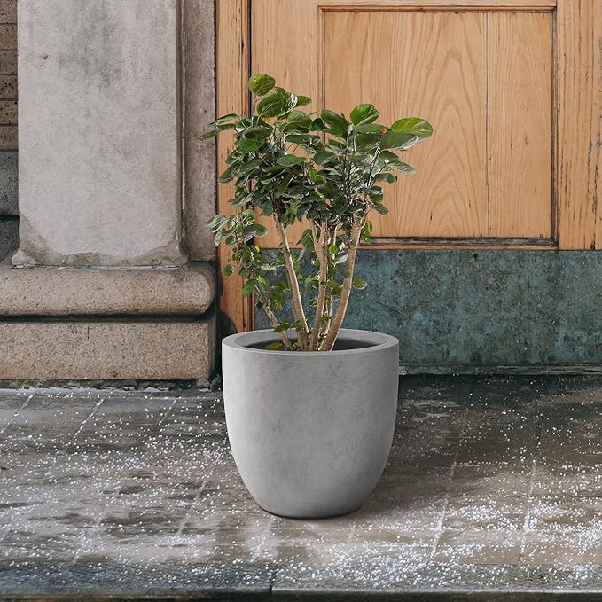 Kante 13.4" Dia Round Concrete Planter, Large Outdoor Modern Indoor Decorative Plant Pots with Drainage Hole and Rubber Plug for Home and Garden, Natural Concrete