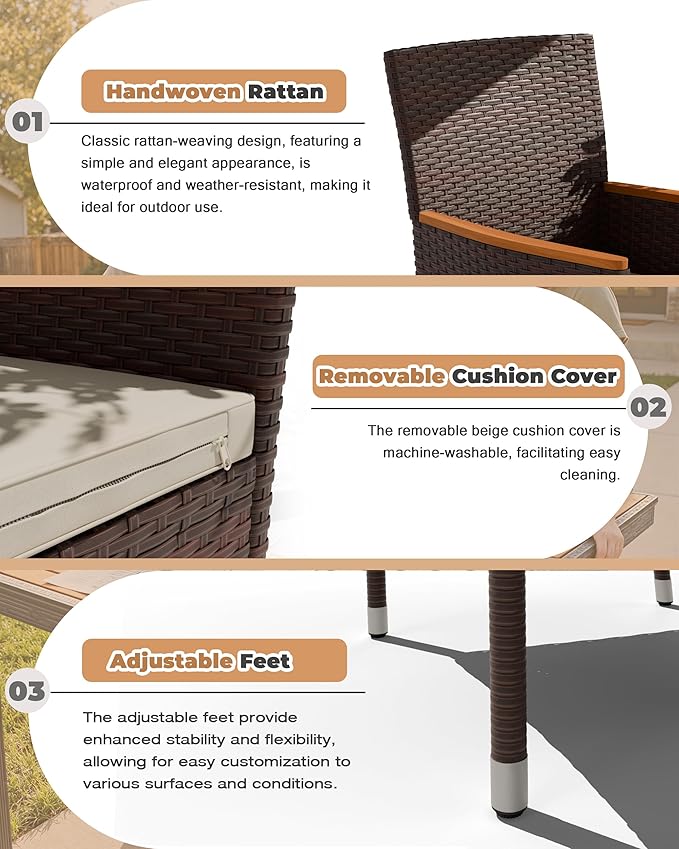 Flamaker 9 Piece Patio Dining Set Outdoor Acacia Wood Table and Chairs with Soft Cushions Wicker Patio Furniture for Deck, Backyard, Garden (Brown)