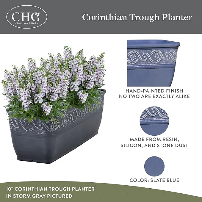Classic Home and Garden Corinthian Trough Planter, 10", Slate Blue (3 Pack)