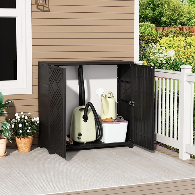 ADDOK Indoor Outdoor Plastic Storage Cabinet 34"x15"x34", Outdoor Storage Shed for Living Room, Hallway, Balcony, Garage, Garden, Backyard-Black（W/O Shelf）