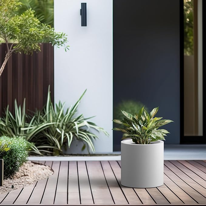 Kante 12.6" Dia Round Concrete Planter, Modern Style Large Cylindrical Plant Pot with Drainage Hole and Rubber Plug for Indoor Outdoor Patio, Pure White