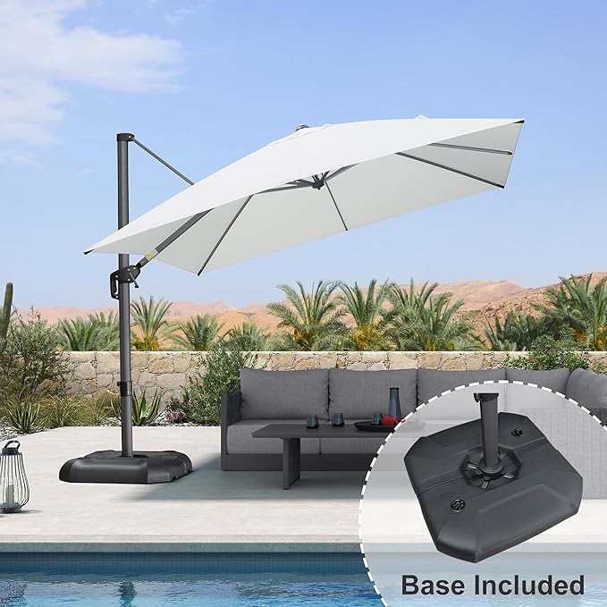 PURPLE LEAF 10 Feet Patio Umbrella with Base Outdoor Cantilever Square Umbrella Aluminum Offset Umbrella with 360-degree Rotation for Garden Deck Pool Patio White