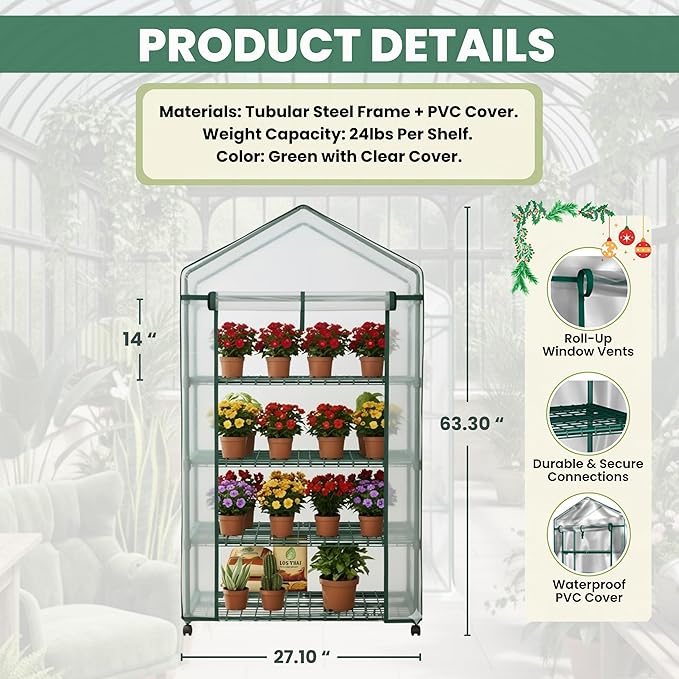 4 Tier Mini Greenhouse - Portable Greenhouse with Locking Wheels and PVC Cover for Indoor or Outdoor - 27 x 19 x 63-Inch Green House by Pure Garden