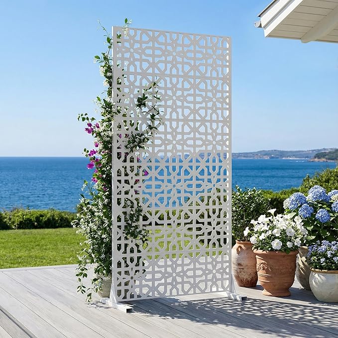 Casaphoria Metal Privacy Screen Outdoor, 72" H x 35" W Freestanding Decorative Privacy Screen for Patio Deck Balcony Garden with Stable Base, White-Perilla