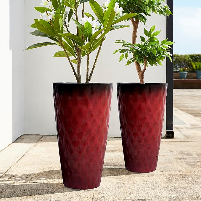 Glitzhome 23.75" H Tall Outdoor Planter, Set of 2 Wavy Texture Red Large Planters for Outdoor Plants, with Drainage Hole, Plastic Round Decorative Tall Flower Pots for Indoor Outdoor, Front Porch